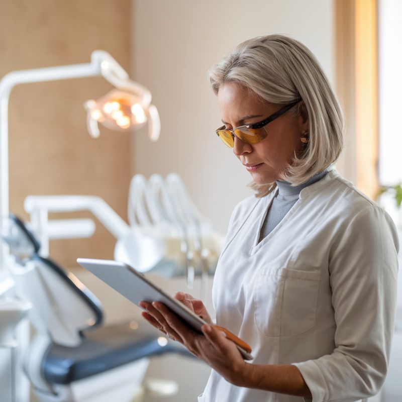 Dentista em clínica revisando prontuário digital