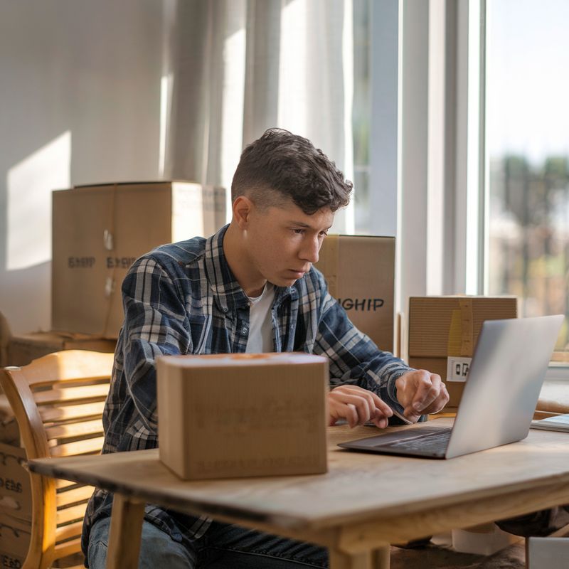 Empreendedor empacotando produtos em home office com caixas