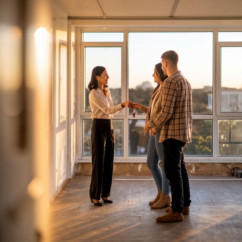 Corretora imobiliária entregando chaves a casal em apartamento novo