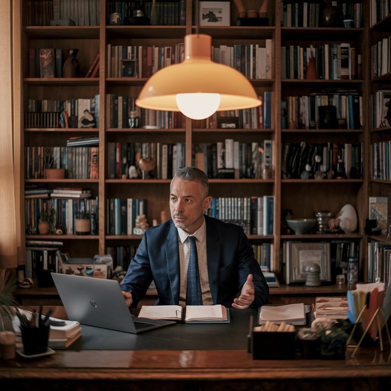 Advogado em escritório com estante de livros atendendo cliente